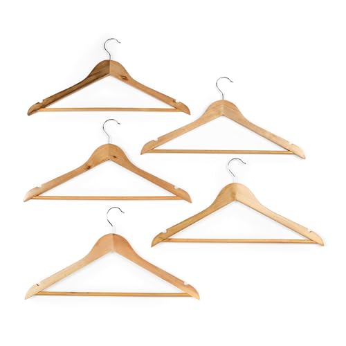 Beldray Wooden Clothes Hangers – Pack of 5 Sturdy Suit Hangers, Multifunctional Garment Hangers with Trouser Bar, Wardrobe Organiser, Strong and Durable, FSC®-Certified Wood, Natural