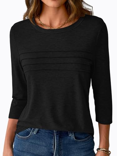 NORACORA 3/4 Sleeve Tops for Women T Shirts Dressy Casual Spring Fall Outfits Pleated Front Shirts Round Neck Casual Tunic Basic Tee Tops Black S — view 2