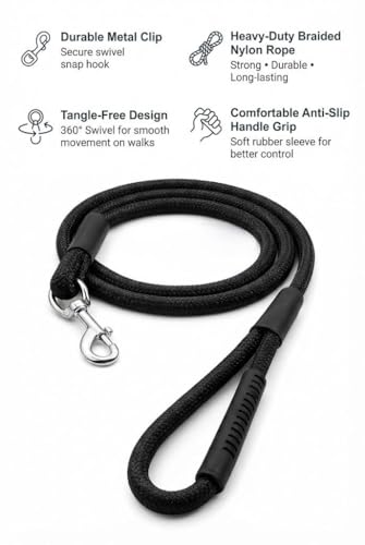 Image of Dog Leash for Large Dogs & Medium Dogs 5 Feet - Heavy Duty Nylon Rope 15mm Thick Leash with Anti Slip Rubber Handle - Tangle Free & Swivel Metal Clip (Black)