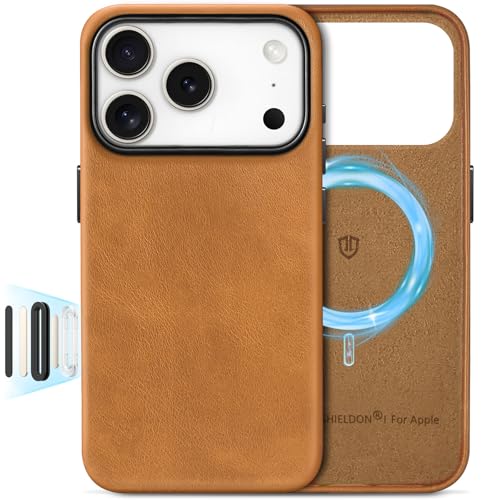 Image of SHIELDON Genuine Leather Case for iPhone 17 Pro 6.3 inch, Retro Light Brown | for MagSafe, Magnetic Wireless Charging, Camera Button, Metal Buttons, Camera Bezel, Non-Slip, Shockproof, Anti-Scratch, Slim