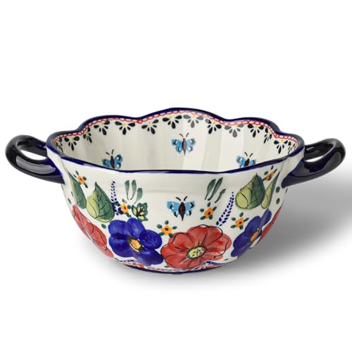 silesia Handmade Salad Bowl with Handles, 45 oz Hand-Painted Serving Bowl, Large Ceramic Crocks for Soup, Pasta, Stew, Microwave & Dishwasher Safe, Kitchen Decor Gift (Polish Garden)