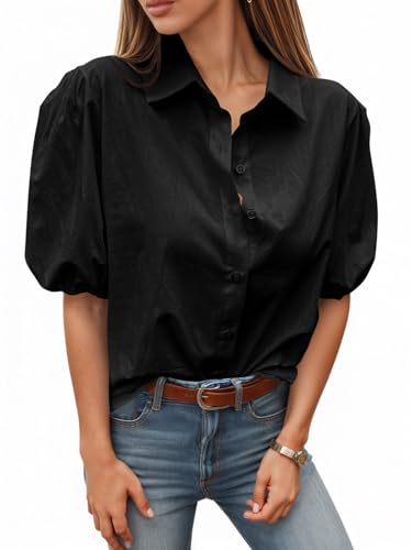 Image of Tankaneo Women's Button Down Shirts Short Puff Sleeve Collared Dressy Casual Blouse Tops