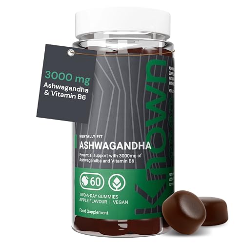 Known 3000mg Hochdosierte Ashwagandha Gummies - Apfelgeschmack - Veganes Gummibärchen-Supplement zum Kauen - Energie Stimmung Wohlbefinden - 1 Monat - Wurzelextrakt + Vitamin B6 - Für Männer Frauen