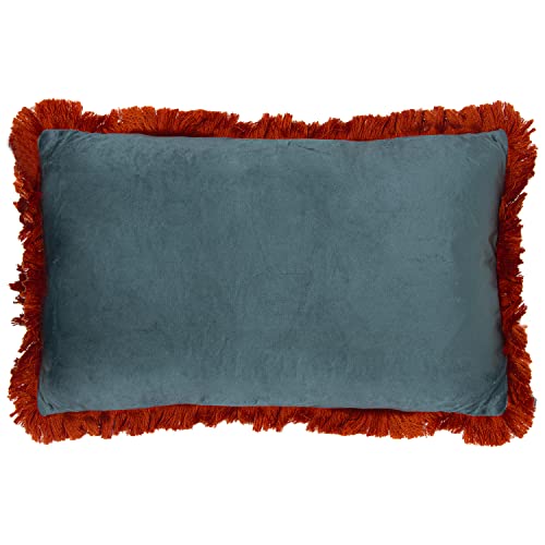 Coussin rectangulaire velours vert eau franges oranges 50x30 - 2