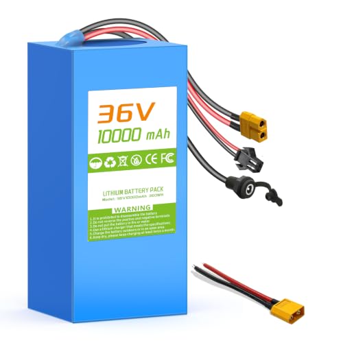 SOLLVIE 36V 10Ah Lithium Battery Built-in 30A BMS & XT60 SM Connector Rechargeable Batteries for DIY Projects 7.56x3.5x2.75 inches
