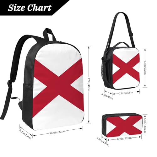 Alabama State Flag print Shoulder Bookbags Lunch Bag and Pen Case 17 inches Backpack with Lunch Box, Cute Bookbag Set4