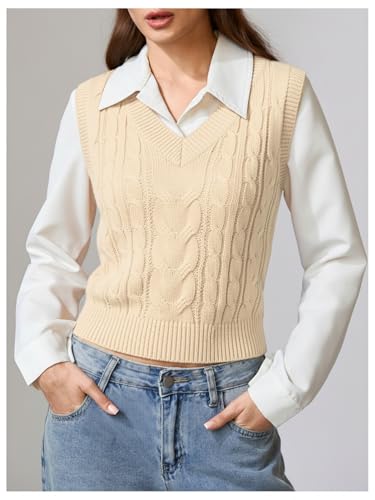 Image of Milumia Women's Cable Knit V Neck Sweater Vest Sleeveless Ribbed Crop Tank Top
