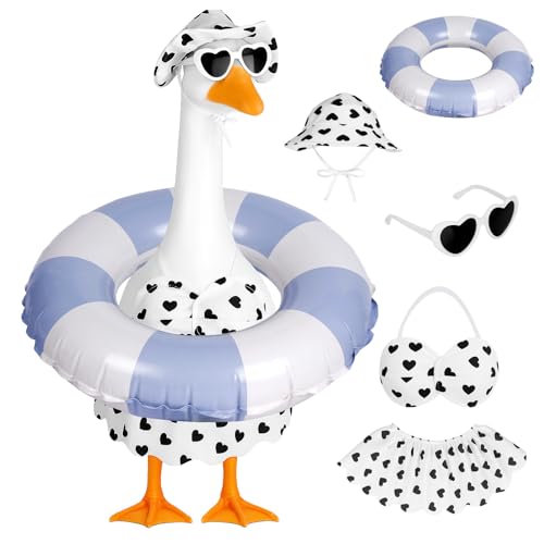 Vzuito Hawaiian Porch Goose Outfits Summer Bikini Goose Costume Fits 23" Goose Statue with Hat Sunglasses & Swimming Ring for Lawn Yard Decor
