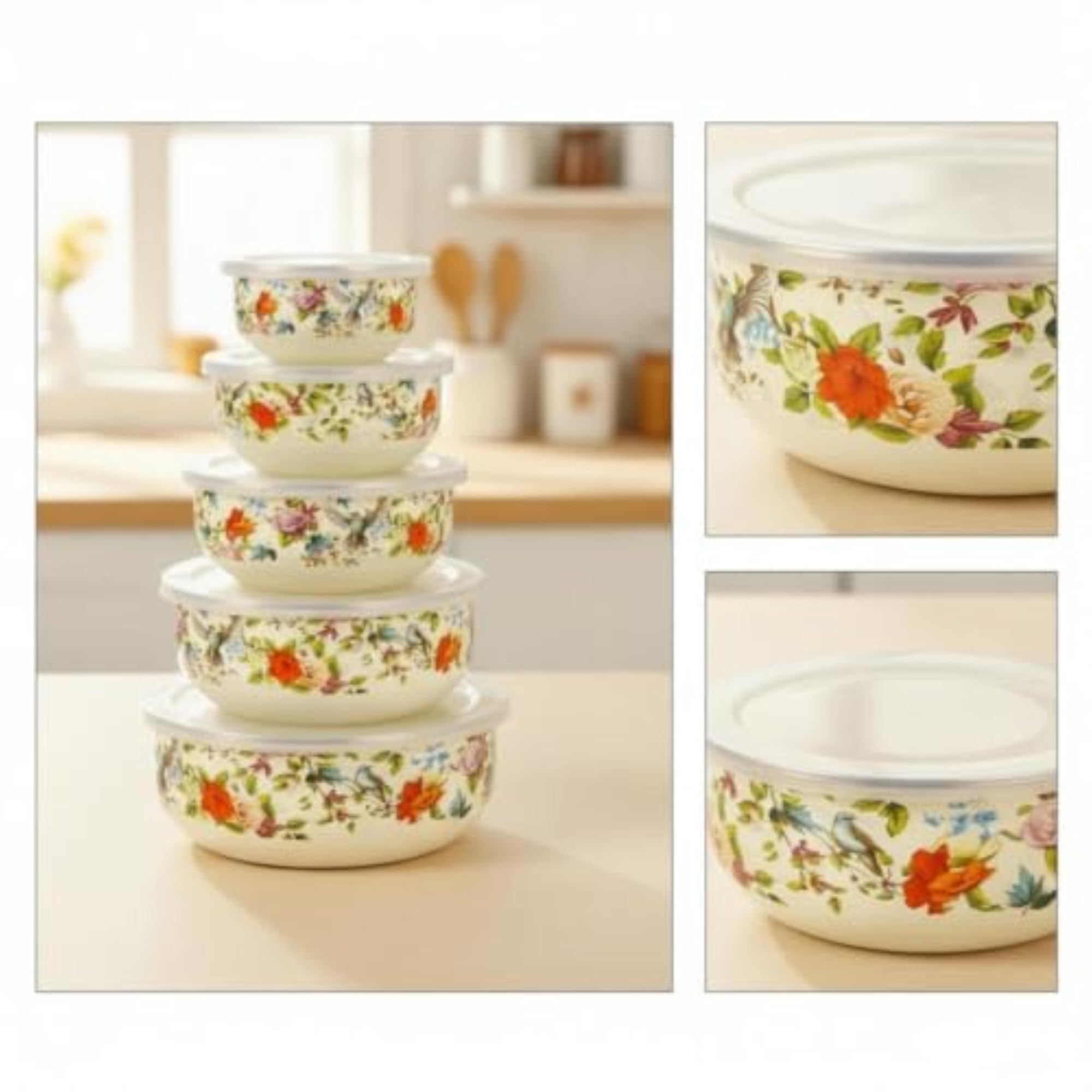 5 Pieces Glossy Enamel Food Storage Bowls with Lids