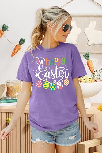 Image of Women Happy Easter T Shirt Bunny Rabbit Graphic T-Shirt Funny Letter Printed Shirts Short Sleeve Tops