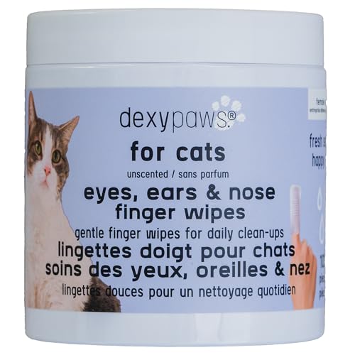 Dexypaws: Eyes, Ears & Nose Finger Wipes - Cat - 100ct Soft Cleansing Wipes, Unscented, Pet Safe, Daily Grooming & Care, Control Design, Pre-Moistened