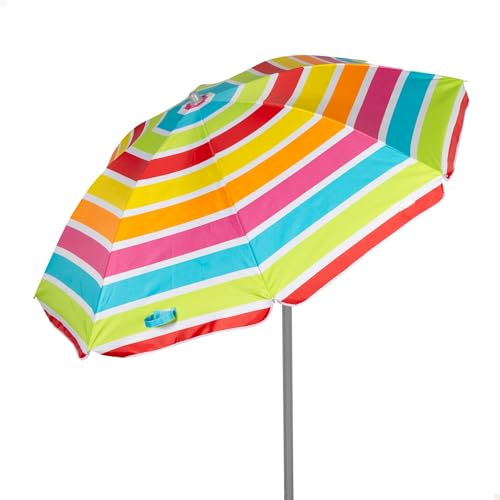 AKTIVE 62361 Sombrilla de Playa, Protección UV50, Inclinable y Regulable en Altura, Mástil Acero, Tejido Poliéster Oxford, 8 Varillas, Incluye Funda Transporte con Asa, 180 cm, Rayas Multicolor