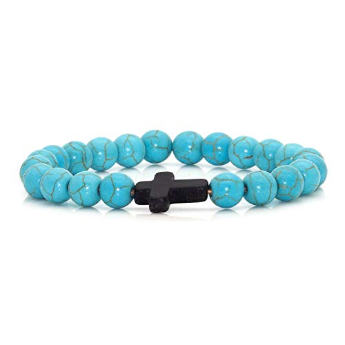 Image of Xusamss Fashion Religious Cross Bracelet 8mm Tiger Eye Turquoise Beads Elastic Bracelet,7 1 /2 wrist