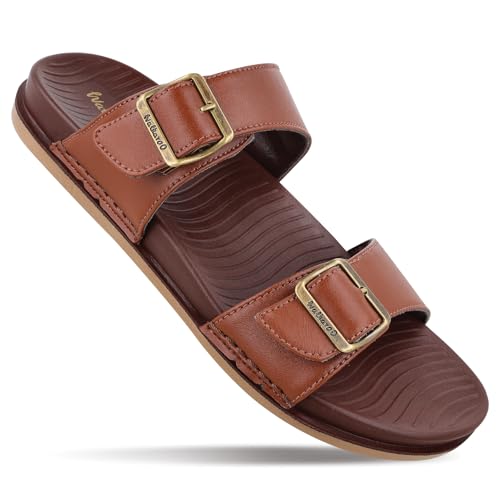 Image of WALKAROO Men's Fashion Sandals with Cushion Sole, Dual Straps with Buckles and Lightweight - WE1363 (Brown, UK Footwear Size System, Adult, Men, Numeric, Medium, 6)