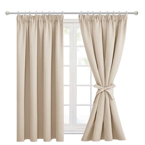 Hiasan Pencil Pleat Blackout Thermal Insulated Curtains, Bedroom and Living Room with Tiebacks, Energy Saving and Noise Reducing, 2 Panels, 46 x 54 Inch, Beige