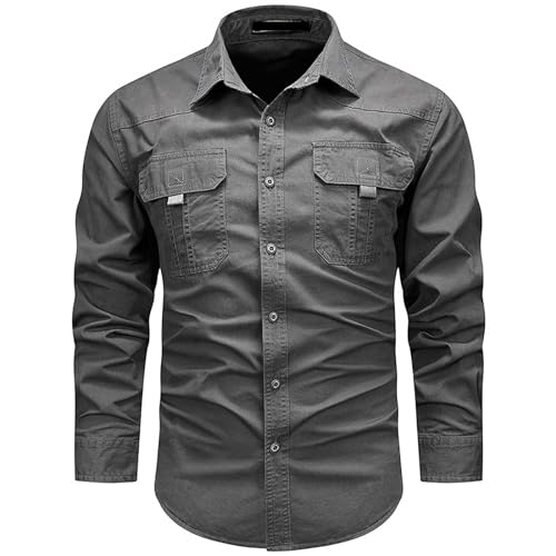 Vekewsap Camisa de pesca de secado rápido para hombre con botones, camisa de safari, camisa funcional con solapa, camisa de trabajo, camisa de leñador, transpirable, de algodón, para senderismo, para