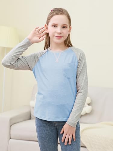 Image of GORLYA 2 Pack Girls Contrast Raglan Sleeve T-Shirt Casual Simple Basic Tee Tops with Pocket for 8-16Y