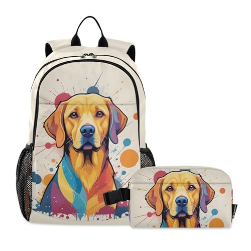 Travel Backpack Lunch Bag Set for Hiking Picnic, Backpacks with Insulated Lunch Box Colorful Painting Dog Print