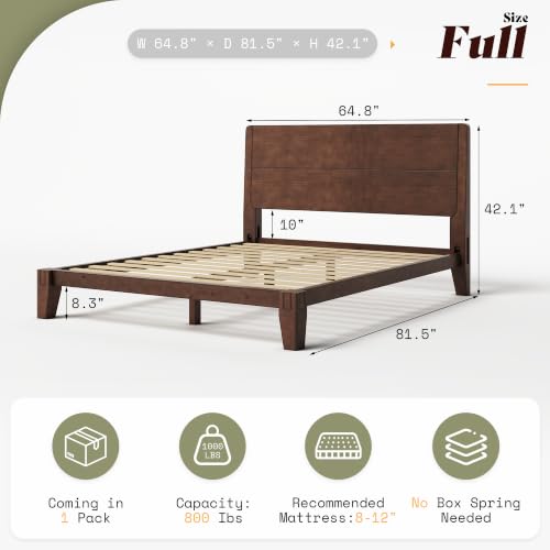 Image of AMERLIFE Solid Wood Full Bed Frame with Headboard, Japanese Joinery, Walnut