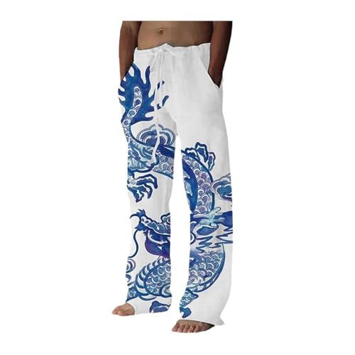 Men's Casual Pants: Japanese Art Dragon Graphic Print and Traditional Sashiko Art Linen Blend