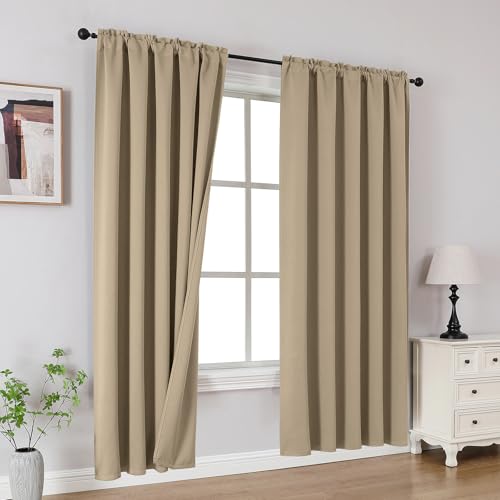 CUCRAF Light Beige Blackout Curtains 72 Inches, Thermal Insulated Noise Reducing Rod Pocket Window Drapes for Bedroom & Living Room(52x72 Inch, 2 Panels)