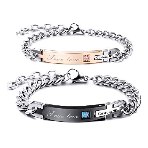 Inblue Personalized Bracelet Nameplate Date Engraved Bracelets For Women Men Girls Boys Couples Custom Anklet Adjustable Handmade Stainless Steel Lovers Jewelry(Black & Rose Gold True Love) #TOP18