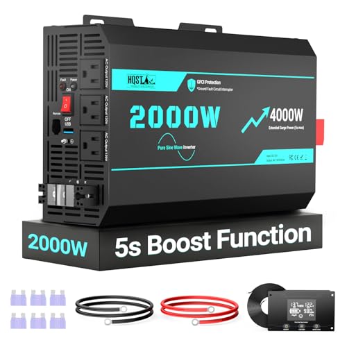 Image of HQST 2000W Pure Sine Wave Inverter with 5s Boost Function, 12V DC to 110V AC Converter with Remote LCD, GFCI Protection, 3 AC Sockets, USB, Surge 4000W, for Solar, Sump Pump, RV, Camping, Off Grid