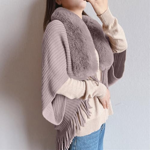 Permitime Knitting Thick Women's Loose Shawl With Fur Collar - Fuzzy Trim Cardigan With Knit Fringe4