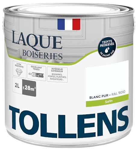 Tollens - Peinture, Laque, Ultra Résistante, Multisupport, Satin Blanc Pur, 2L = 28m2