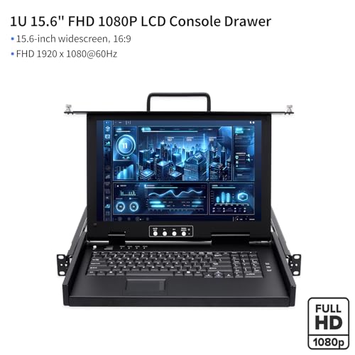 Image of 4 Port Rack Mount KVM Console w /15.6 inch 1080P Rackmount Monitor, 1U HDMI KVM Switch Drawer + Keyboard + Touchpad + 4 USB HDMI KVM Cable, OSD Hotkey Button Switching for Shallow Depth 24 inch Network Cabinet
