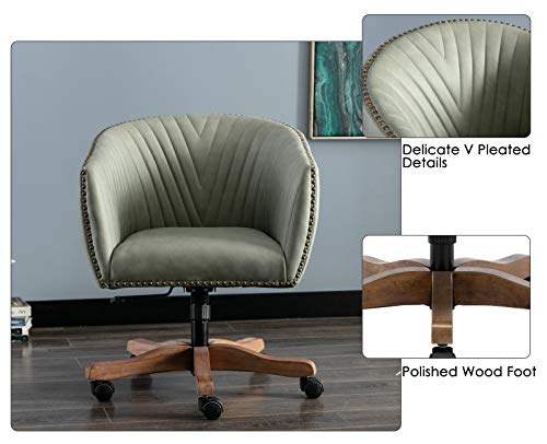 Guyou Barrel Home Office Desk Chair With Wood Base, Upholstered Ergonomic Accent Arm Chair With Luxurious Nailheads And Pleated Mid-Back For Home Studio Bedroom Vanity, Green In Faux Leather #TOP4