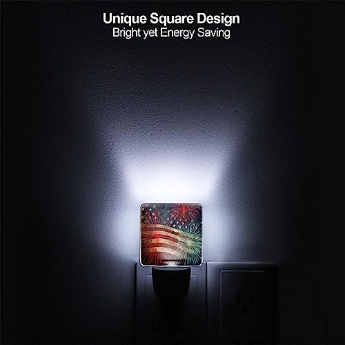 Image of Fireworks US Flag Night Light Set of 2, Auto Sensor LED Dusk-to-Dawn Nightlights, Plug-in Sensor Lamp for Bedroom Bathroom Kitchen Hallway Stairs Decorative