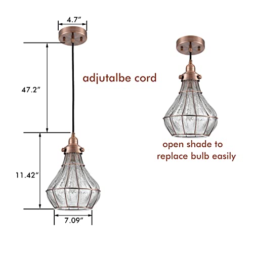 Image of YUBOLE Vintage Pendant Light Red Copper Crack Glass Shade Wire Cage