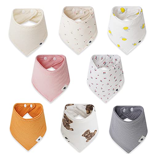 norinori Baby Dreieckstuch Lätzchen 8 Stück Sabberlätzchen 100% Weiche & Absorbierende Baumwolle Doppelseitiges nutzungsdesign mit 2 Verstellbares Druckknopf Musselin Halstuch für Sabbern und Zahnen Cover