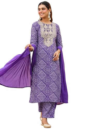 Kurta femme violet Janasya imprimé Bandhani traditionnel chic en rayonne mélangé fluide