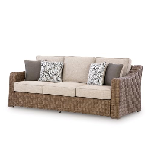 Image of Signature Design by Ashley Carmel Bay Outdoor Sofa, Handwoven Resin Wicker Patio Couch, Rust-Resistant Aluminum Frame, 3-Seater for Backyard or Sunroom, Beige, 84 inch W