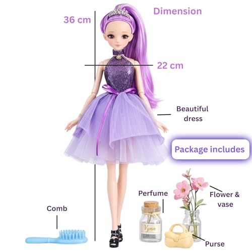 Image of Fashion Princess Doll - Sparkling Purple Hair & Glam Tulle Dress | Movable Hands & Legs | Premium Fashion Girl Doll Gift Set for Kids 3+ Years | Toys for Children