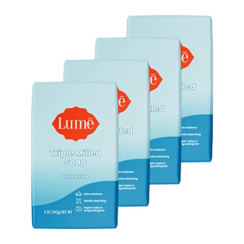 Lume Triple Milled Bar Soap - Rich Moisture & Gentle Cleansing - Paraben Free, Phthalate Free, Skin Safe - 5 ounce (Pack of 4) (Unscented)