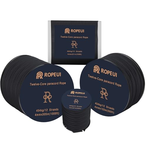 Paracord Rope 1000lb, 4mm Heavy Duty Parachute Cord,100/200/500/1000ft, 12-Strand Tactical Paracord for Camping,Hiking, Survival, Tent, Clothesline & DIY Projects,Midnight Black