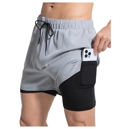 Shorts de corrida masculinos 2 em 1 de secagem rápida para treino com bolsos, shorts atléticos de treinamento de tênis com forro, Cinza, GG