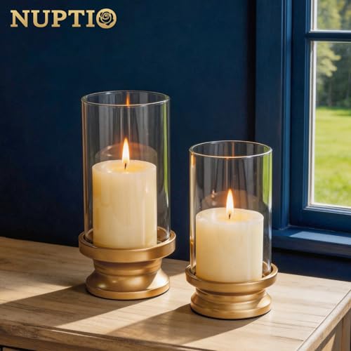 Miniatura 2 de Nuptio Portavelas Huracán Oro Juego 2 Portavelas Velas De Pilar Con Funda Vidrio Transparente - Soportes Pilares Metal Decorativos Fiesta Boda Navidad Vacaciones Mesa De Comedor Centro Mesa