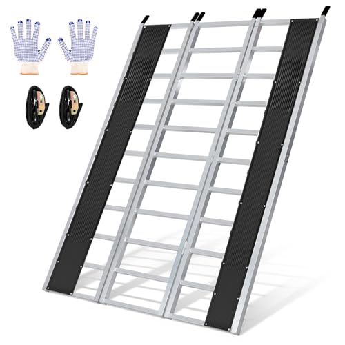KROAK Aluminum Snowmobile Loading Ramp 7.1 ft x 4.5 ft (85 x 54) Ultra-Wide Tri-Fold Ramp with Ski Guides 1800LBS Max Capacity for Snowmobile ATV UTV Lawn Tractor