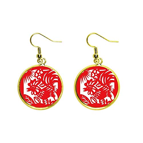 Boucle d'oreille coq chine zodiac or bijoux femme suspendu goutte