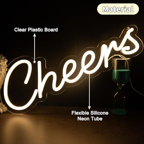 Image of LED Cheers Neon Sign for Home Bar, USB Powered Warm White Bar Light with Dimmable Control, Wedding Party Wall Decor for Kitchen Restaurant 15.75x5.51