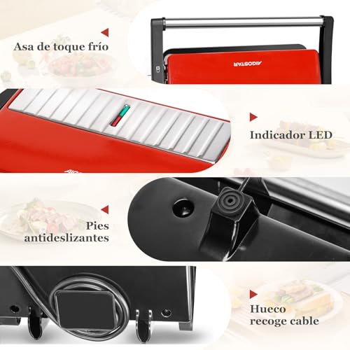 Miniatura 6 de Aigostar Warme - Parrilla Eléctrica Con Placas Antiadherentes, Sandwicheras Y Panini Grill Eléctrico 1000w, Apertura 180 , Dos Superficies 23 X 14,5cm