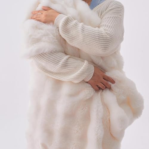 Wajade Luxury Fluffy Rabbit Fur Throw Blanket Super Soft Bubble Faux Fur Blanket Warm Fuzzy Large Blanket for Bed Couch Car Cozy,White 127x153CM - Image 4