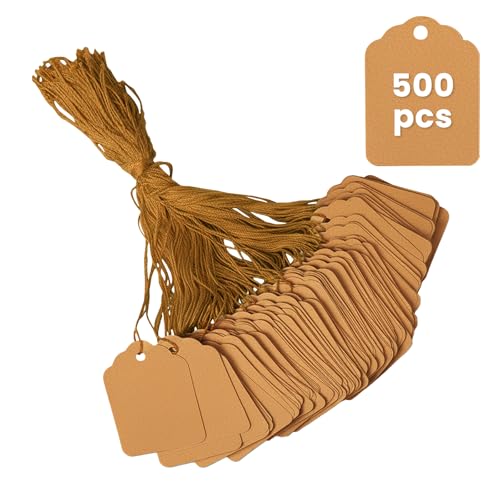 1.8x1.4 Inches Brown Kraft Price Tags with String Attached 500 Pcs Goefun Writeable Brown Tags for Gift Bags Small Business Clothing Jewelry Garage/Yard Sale Inventory 250 GSM