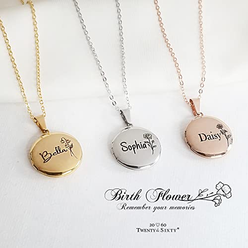 Twenty&Sixty Personalized Circle Locket Necklace for Women, Girl, Kids, Holds Pictures, Birth Flower Personalized & Engraved Picture Locket Necklace Gold/Silver/RoseGold2