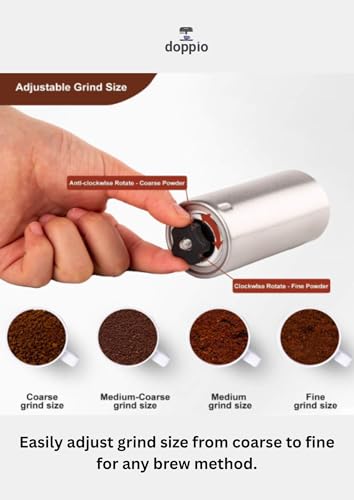 Image of Doppio Manual Coffee Grinder - Stainless Steel Hand Burr Mill with Adjustable Grind Settings & Glass Container | Portable Hand Crank Grinder for Fresh Coffee Beans at Home, Office & Travel