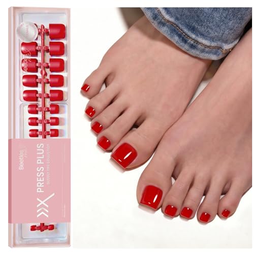 Image of Beetles X Press Red Toenails - Cherry Rouge | Red Short Square Press On Toe Nails | 150 Pcs 15 Sizes Natural Salon Quality Gel Nail Tips For Women
